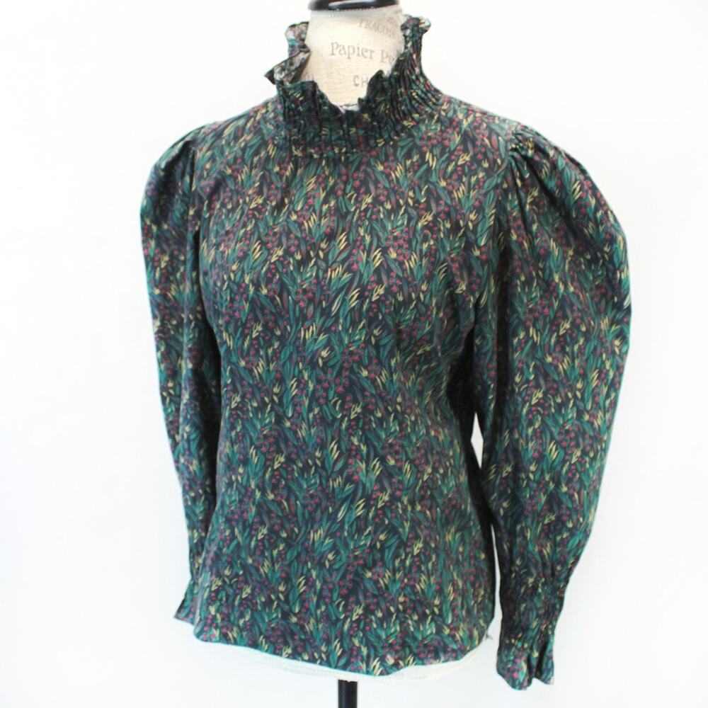 Zara Secretary Blouse Top Turtleneck Floral Zipper Back Lantern Sleeve Medium